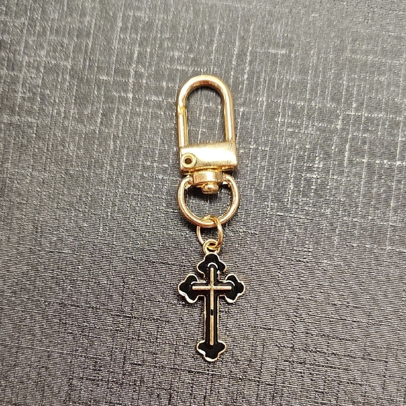 Cross Key Or Bag Charm, Gold and Black Enamel - Picture 1 of 4